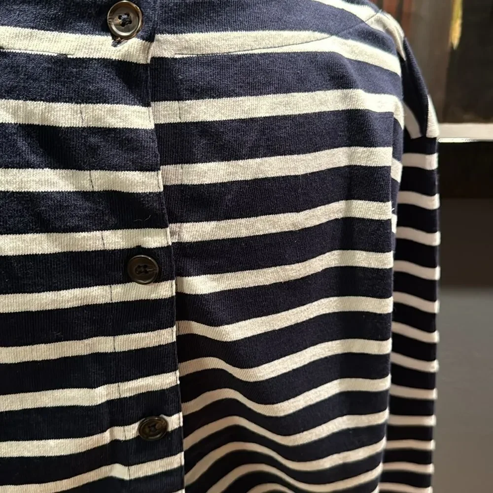 J. Crew dark navy/white stripe button back crew neck top. 3/4 sleeves. Small.